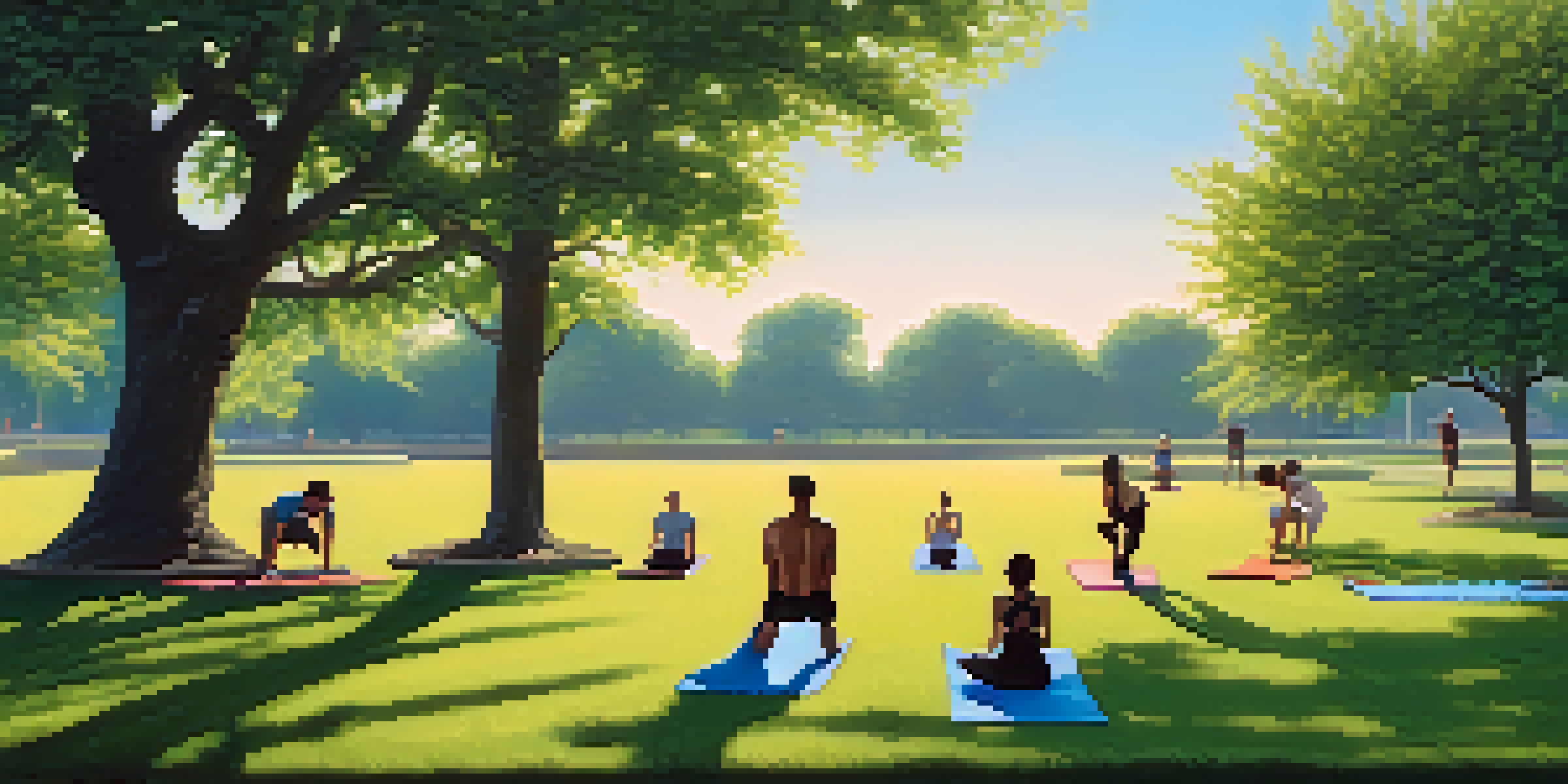 A diverse group of people practicing calisthenics in a sunny park, with a woman doing push-ups and a man doing pull-ups under trees.