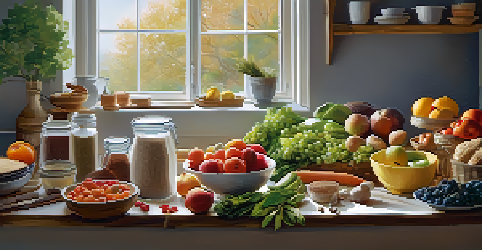 A kitchen table with healthy food ingredients such as fruits, vegetables, and lean proteins, illuminated by natural light.