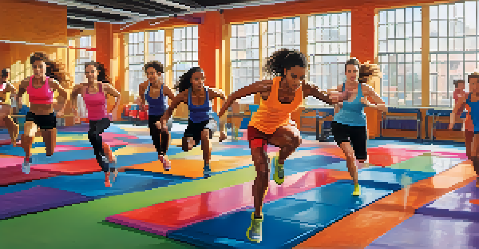 A group of athletes engaged in plyometric exercises, showcasing dynamic movements and teamwork in a colorful gym.