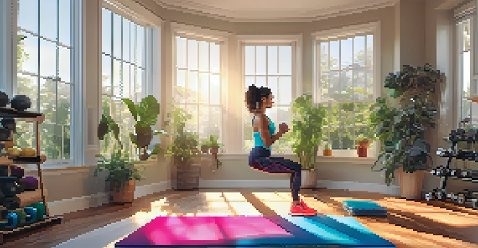 A person doing bodyweight squats in a bright home gym with sunlight and exercise equipment.