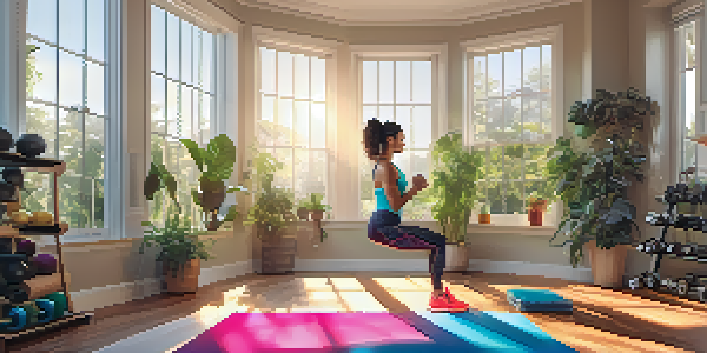 A person doing bodyweight squats in a bright home gym with sunlight and exercise equipment.