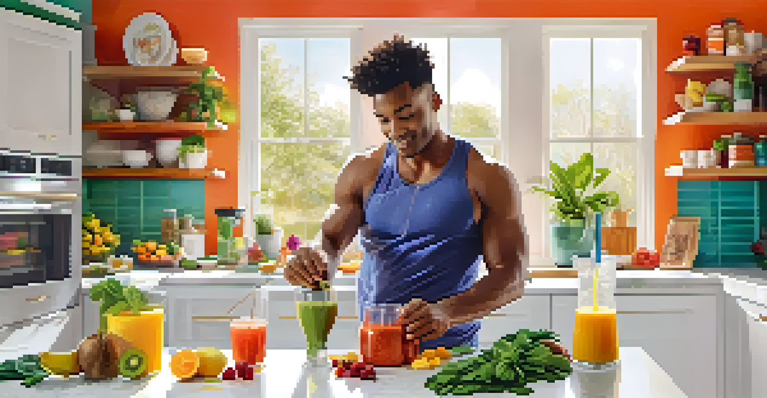 An athlete in a kitchen preparing a smoothie with MCT oil, surrounded by colorful fruits and greens in a blender.