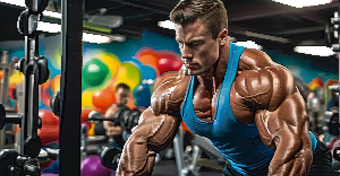 A muscular male bodybuilder lifting weights in a gym, showcasing his defined muscles under bright gym lights.