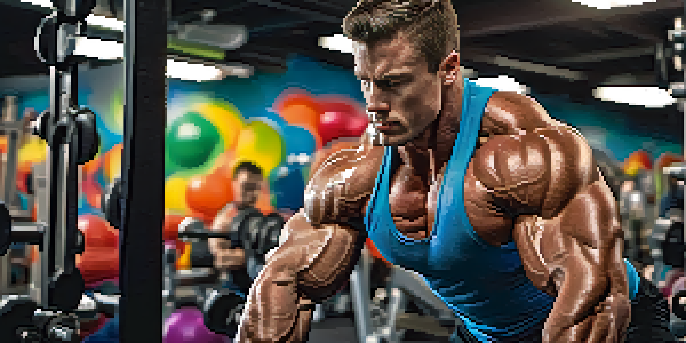 A muscular male bodybuilder lifting weights in a gym, showcasing his defined muscles under bright gym lights.
