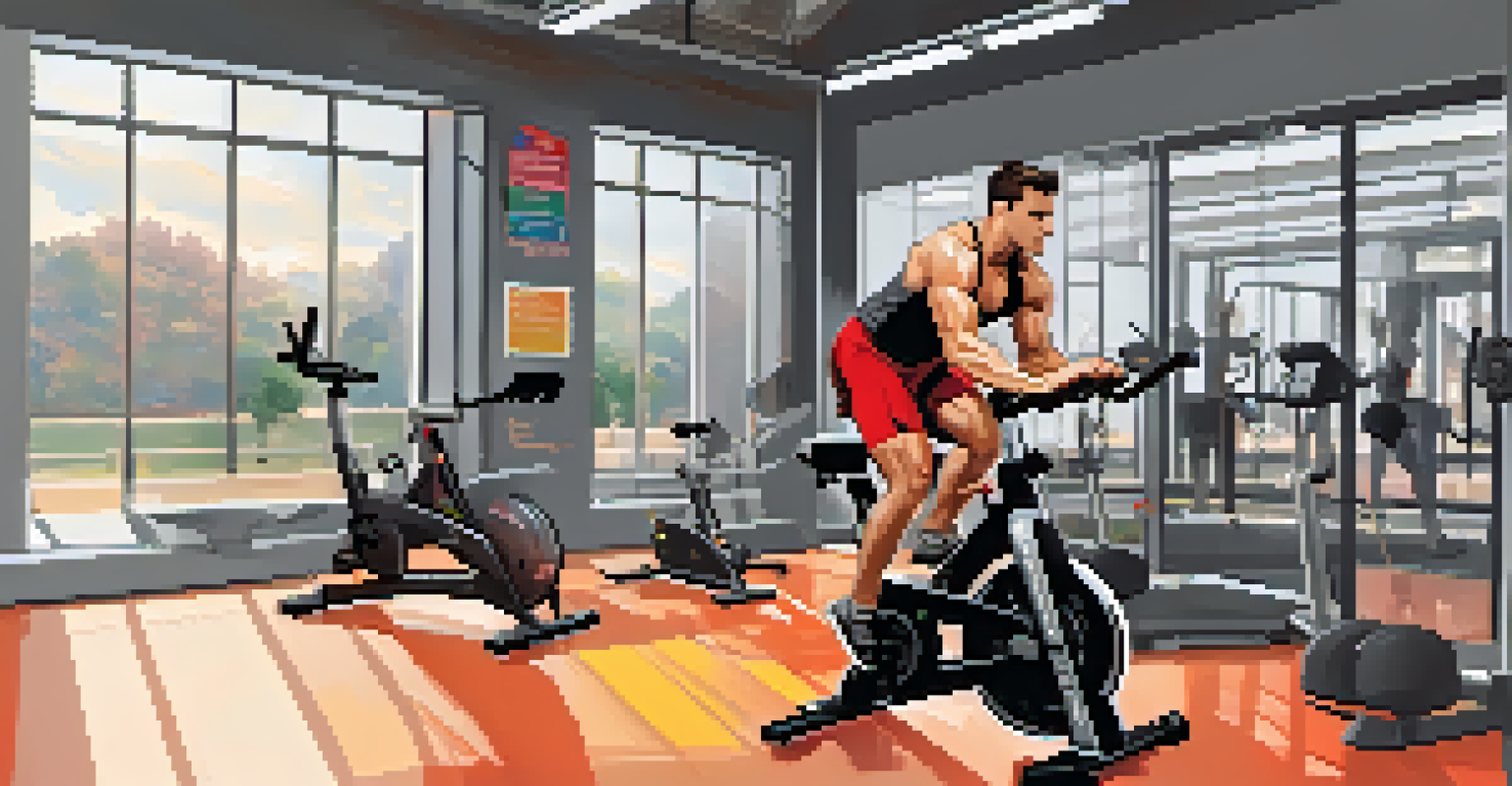 A bodybuilder on a stationary bike in a well-lit gym, showing focus and determination while exercising.