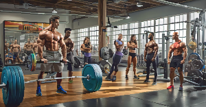 A diverse group of bodybuilders working out in a modern gym, showcasing different fitness levels and styles.