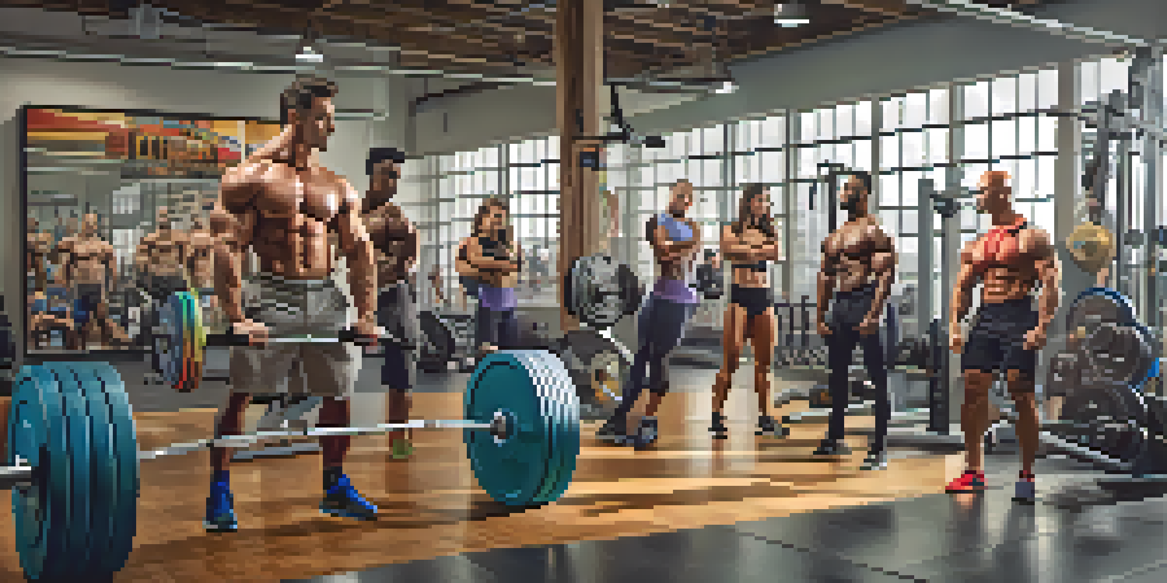 A diverse group of bodybuilders working out in a modern gym, showcasing different fitness levels and styles.