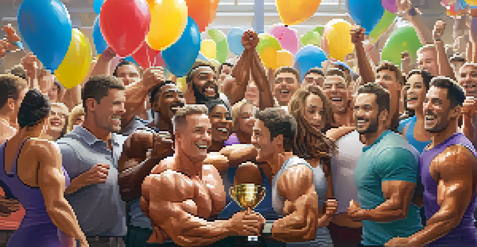 A group of bodybuilders celebrating together in a gym, with one member holding a trophy, creating a joyful atmosphere.