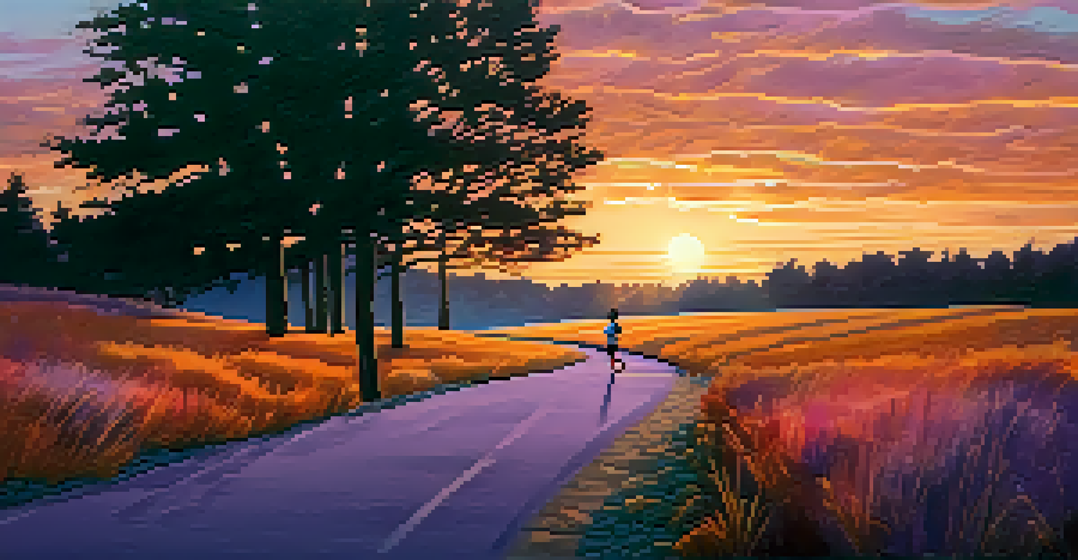 A bodybuilder jogging along a scenic path during a colorful sunset.