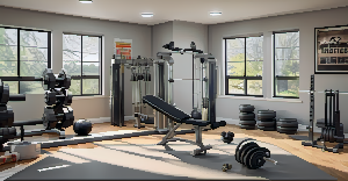 A home gym setup featuring dumbbells, a bench press, and resistance bands, with bright natural light and motivational posters.