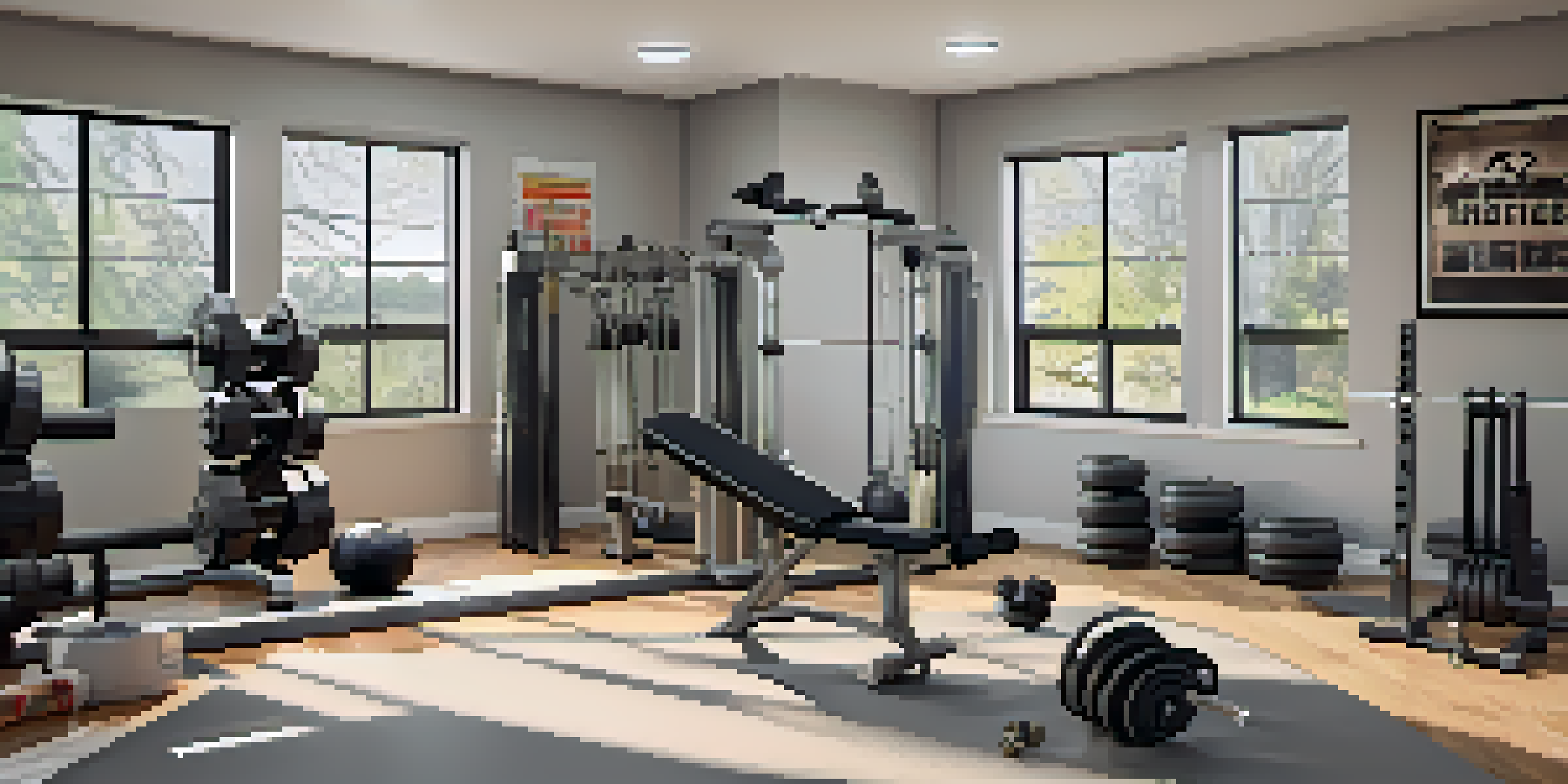 A home gym setup featuring dumbbells, a bench press, and resistance bands, with bright natural light and motivational posters.