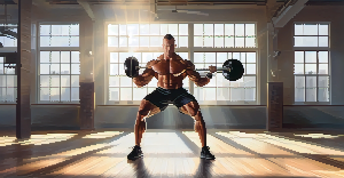A bodybuilder demonstrating a kettlebell swing in a sunlit gym, highlighting muscular definition and concentration.