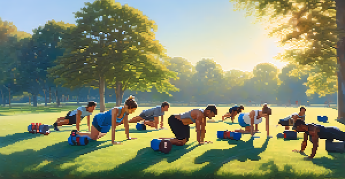 A diverse group of people doing bodyweight exercises like push-ups and squats in a sunny outdoor setting with trees and a blue sky.