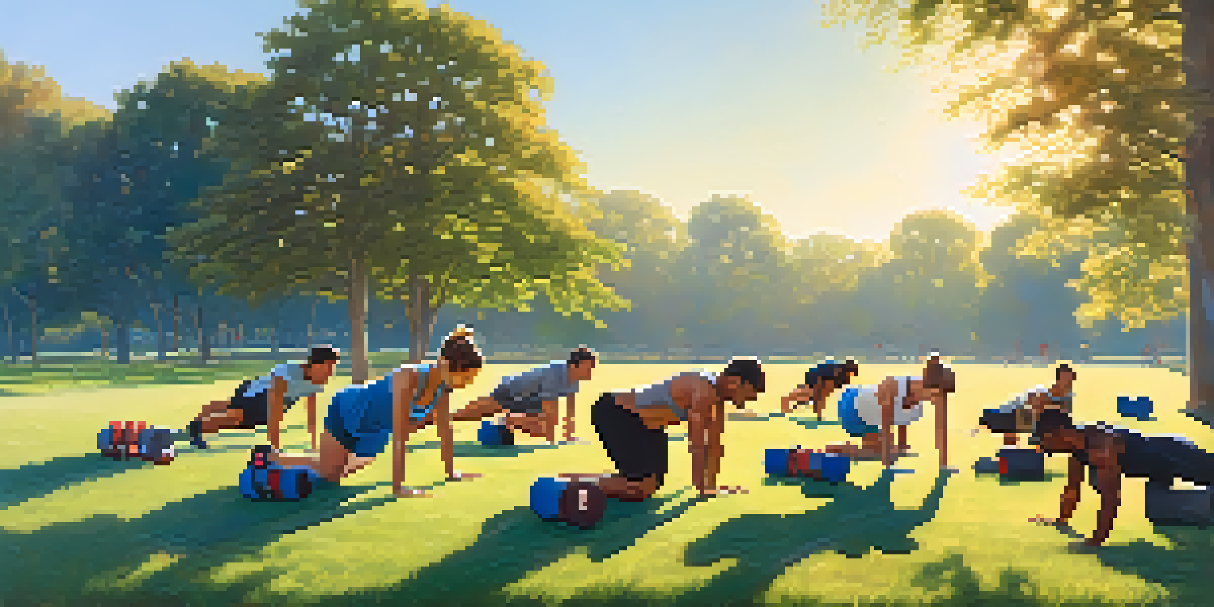 A diverse group of people doing bodyweight exercises like push-ups and squats in a sunny outdoor setting with trees and a blue sky.