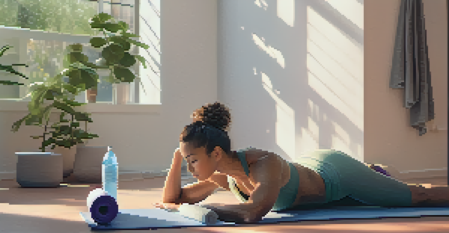 An athlete lying on a yoga mat with a foam roller, in a serene gym corner, focusing on recovery after a workout.