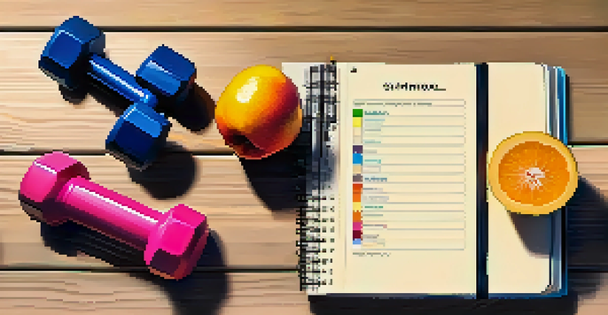 A fitness journal open on a desk with dumbbells and a smoothie, illuminated by natural light.
