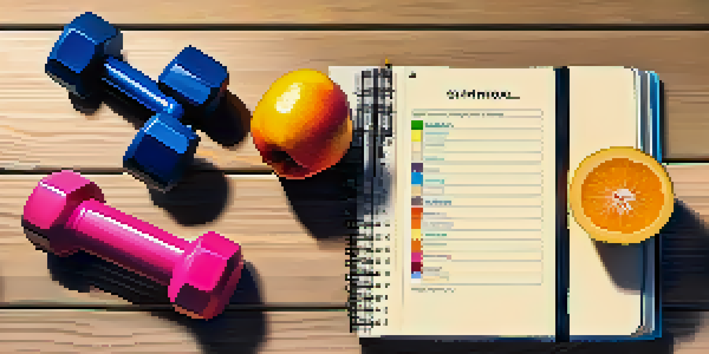 A fitness journal open on a desk with dumbbells and a smoothie, illuminated by natural light.