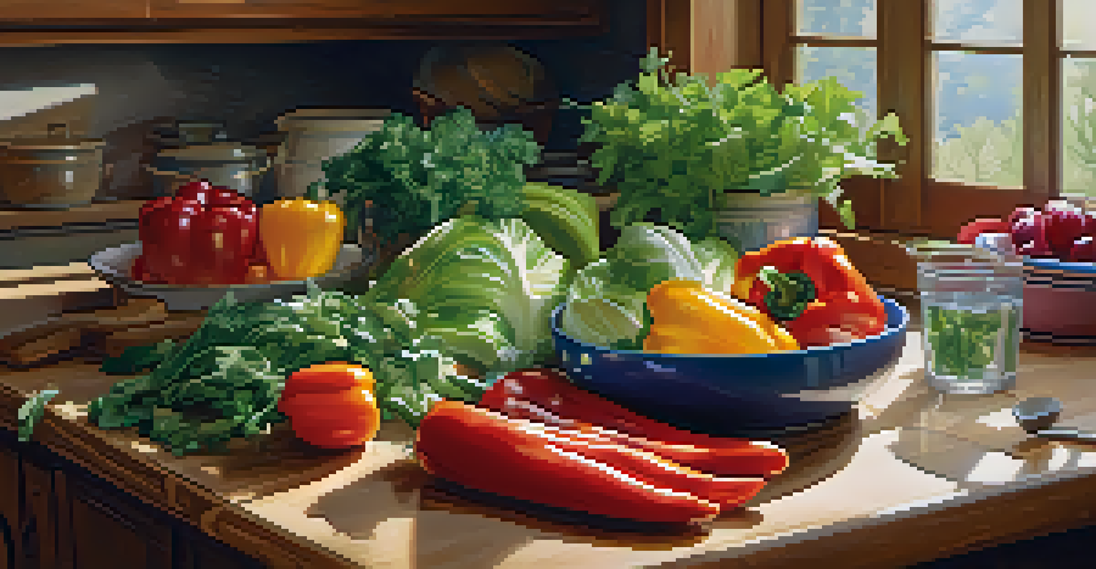 Close-up of fresh vegetables and berries arranged on a wooden kitchen counter, with a glass of water in a bright kitchen.