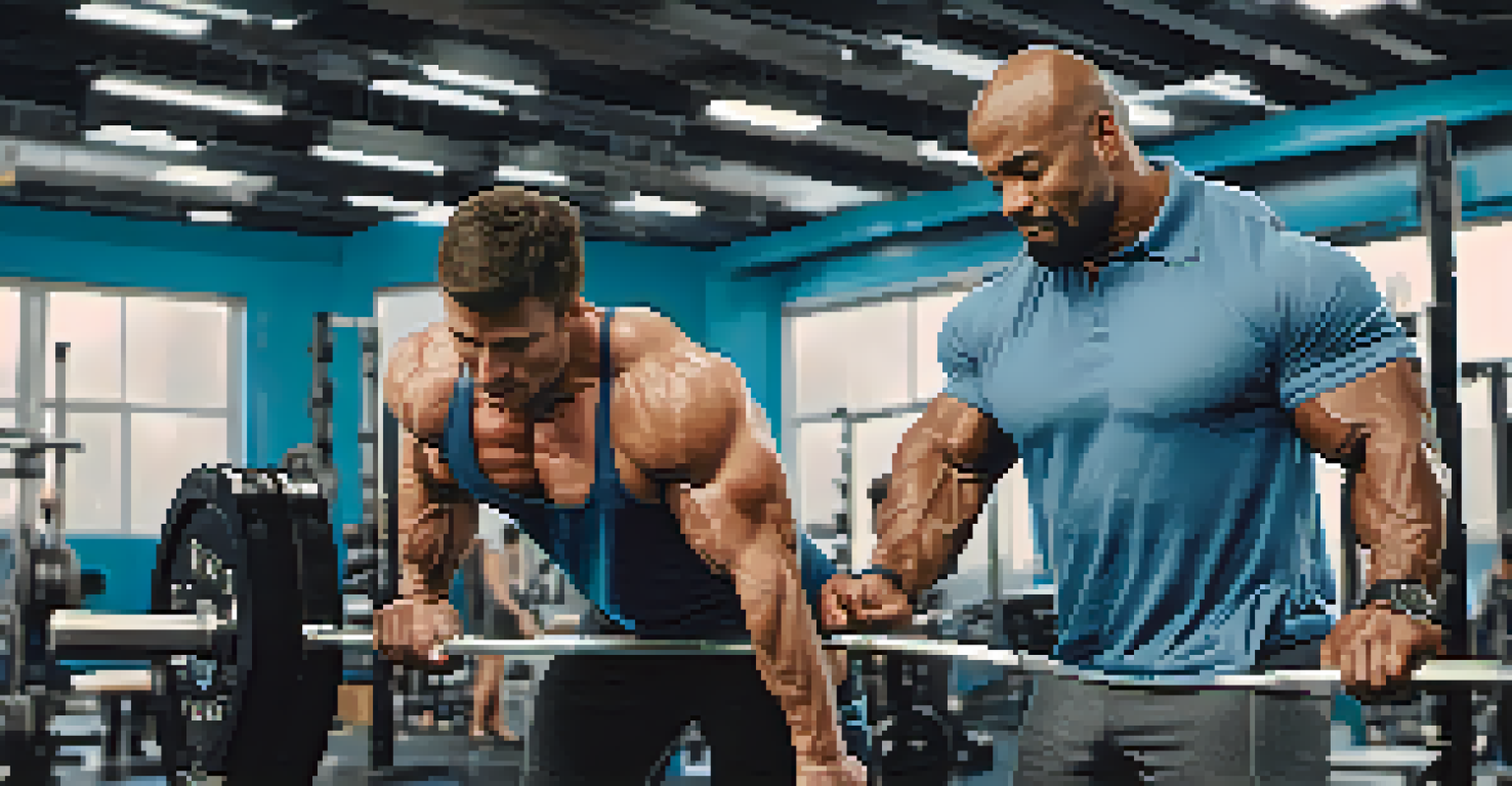 An experienced trainer helping a beginner bodybuilder with proper lifting technique in a gym.