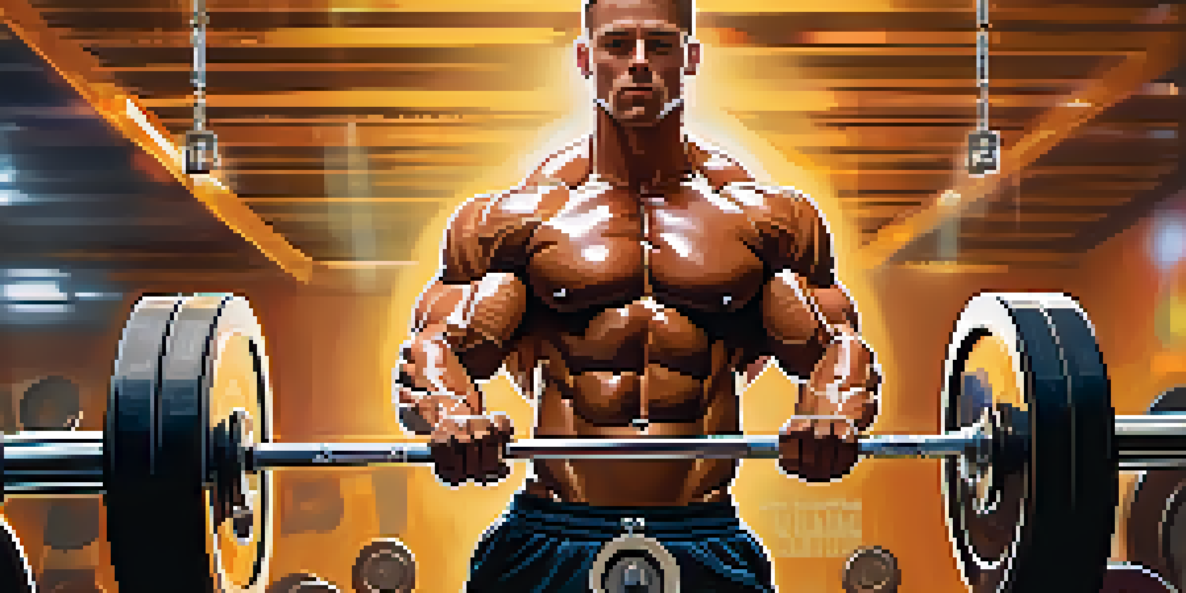 A bodybuilder lifting weights in a brightly lit gym, showcasing determination and sweat under overhead lights.