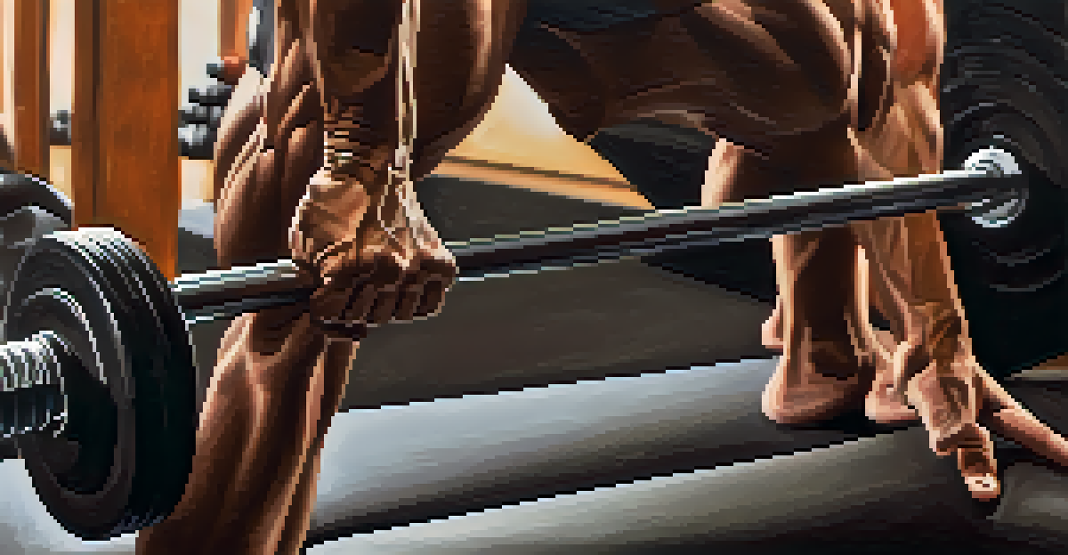 Close-up of a bodybuilder's hands gripping a barbell with a Pilates mat in the background, showcasing strength and dedication.
