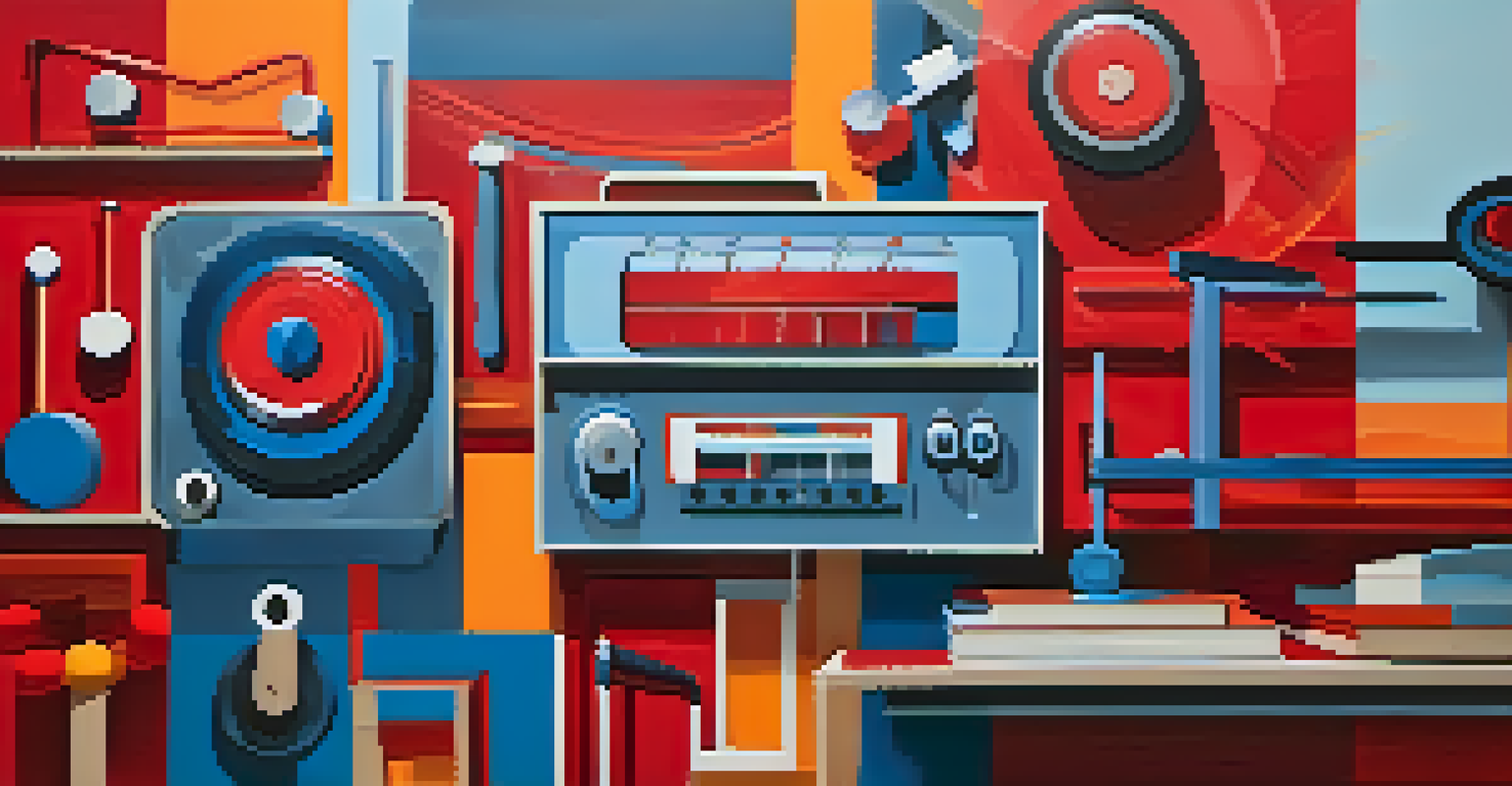 An abstract image featuring sound waves, musical notes, and fitness equipment in vibrant colors.