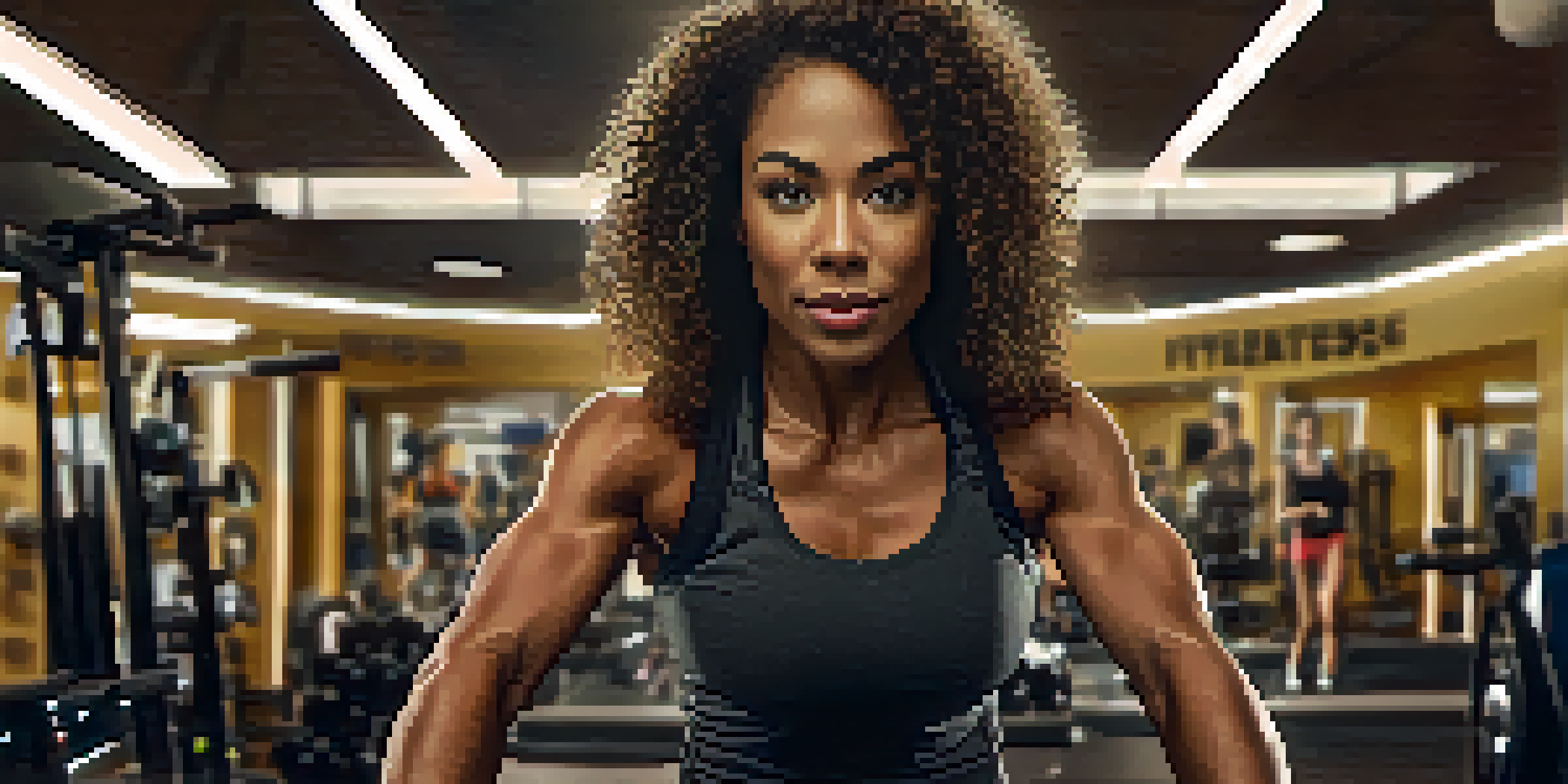 A fitness enthusiast lifting weights in a gym, showing muscle definition and sweat.