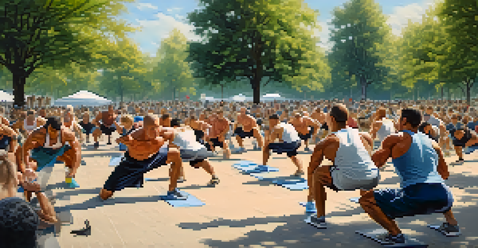 A group of bodybuilders engaged in a fitness challenge in a park, performing exercises together under a sunny sky.