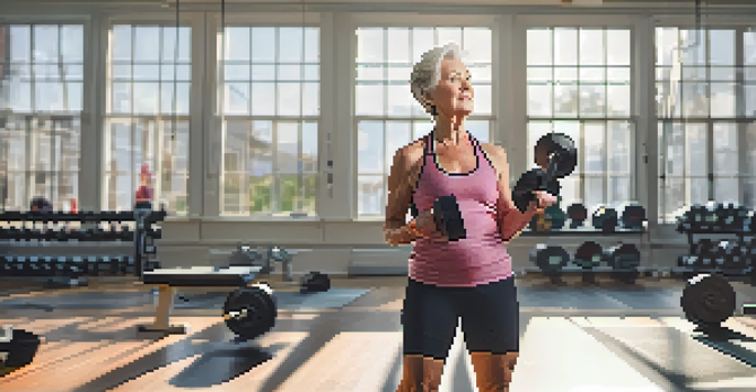 A senior woman lifting light weights in a bright gym, showcasing determination and a healthy lifestyle.