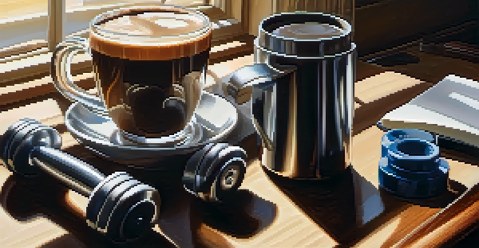 A steaming cup of coffee on a wooden table next to workout gear, with sunlight casting soft shadows.