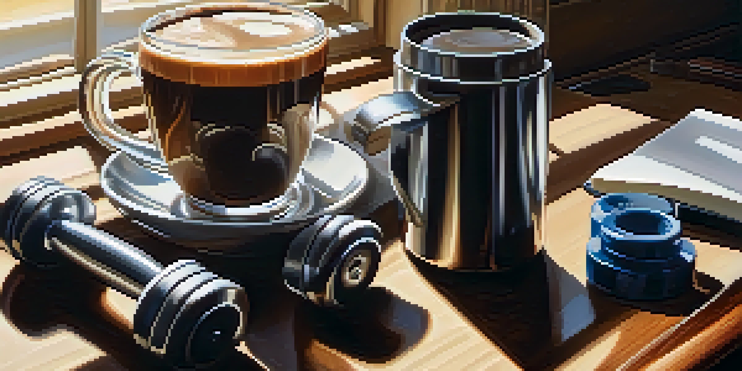 A steaming cup of coffee on a wooden table next to workout gear, with sunlight casting soft shadows.