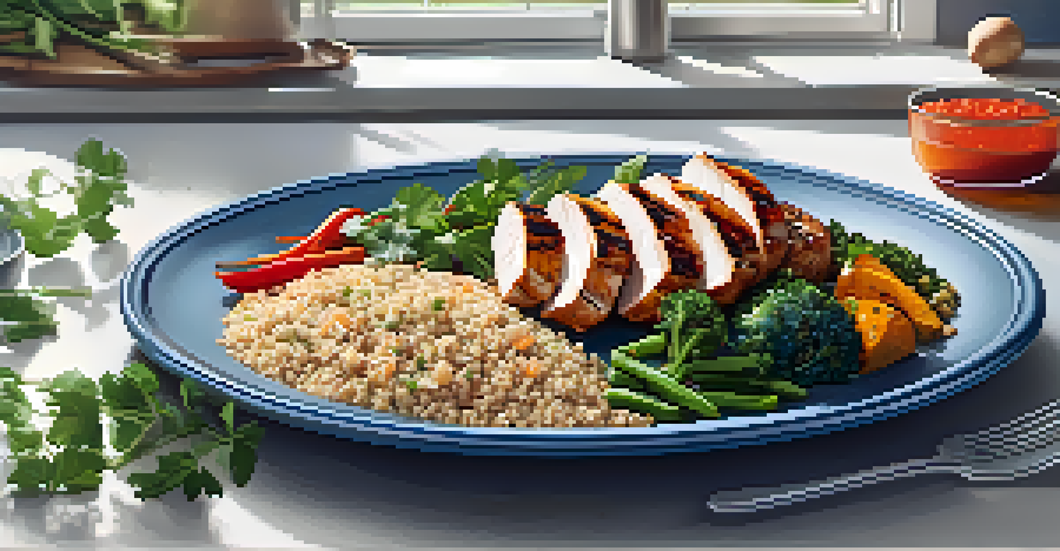 A beautifully arranged plate of grilled chicken, quinoa, and colorful vegetables on a kitchen counter, highlighting healthy meal preparation.
