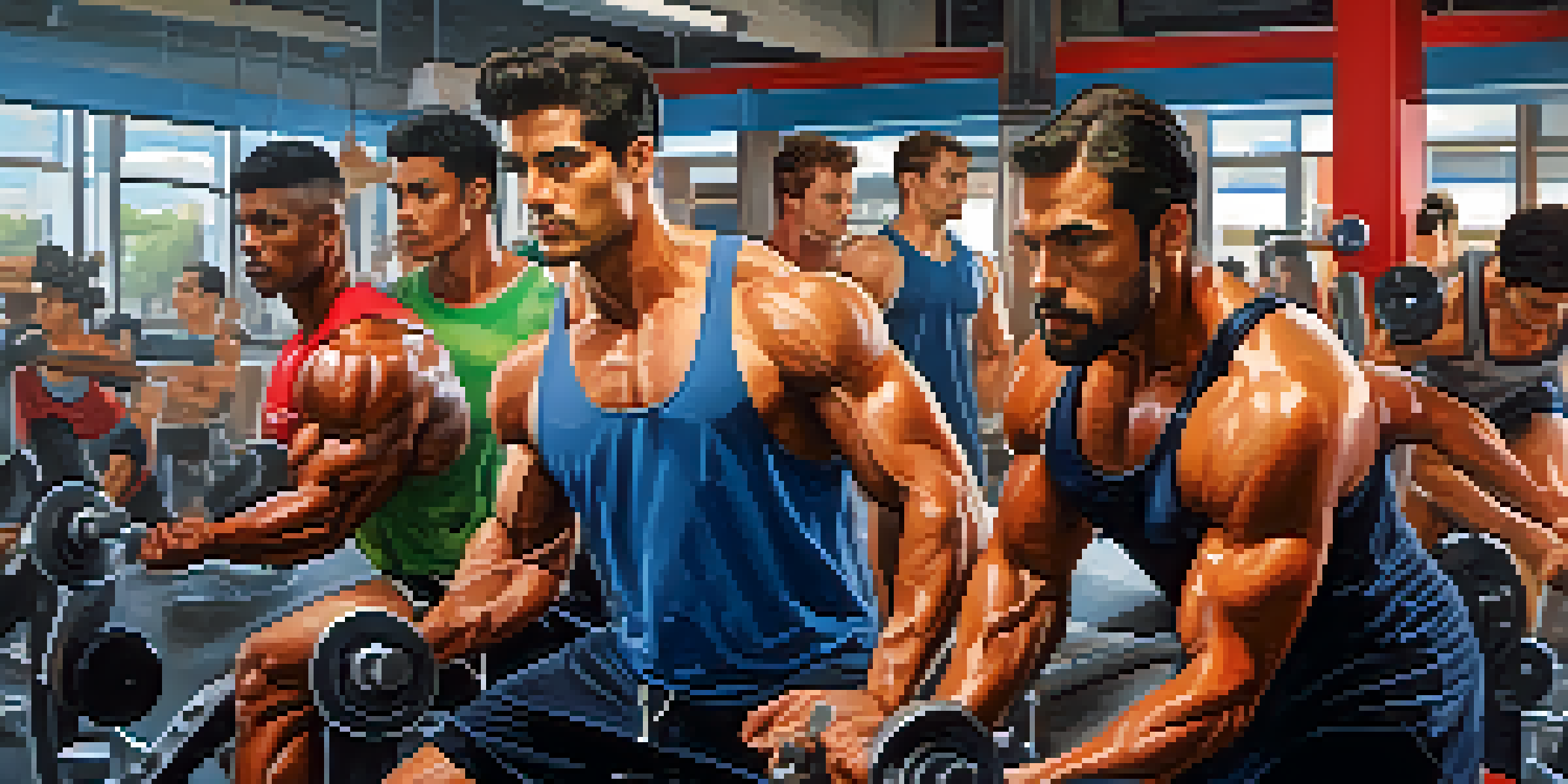 A diverse group of individuals lifting weights in a gym, showcasing determination and focus.