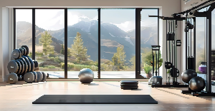 A modern home gym with smart weight plates, showcasing a sleek design in a bright and airy room.