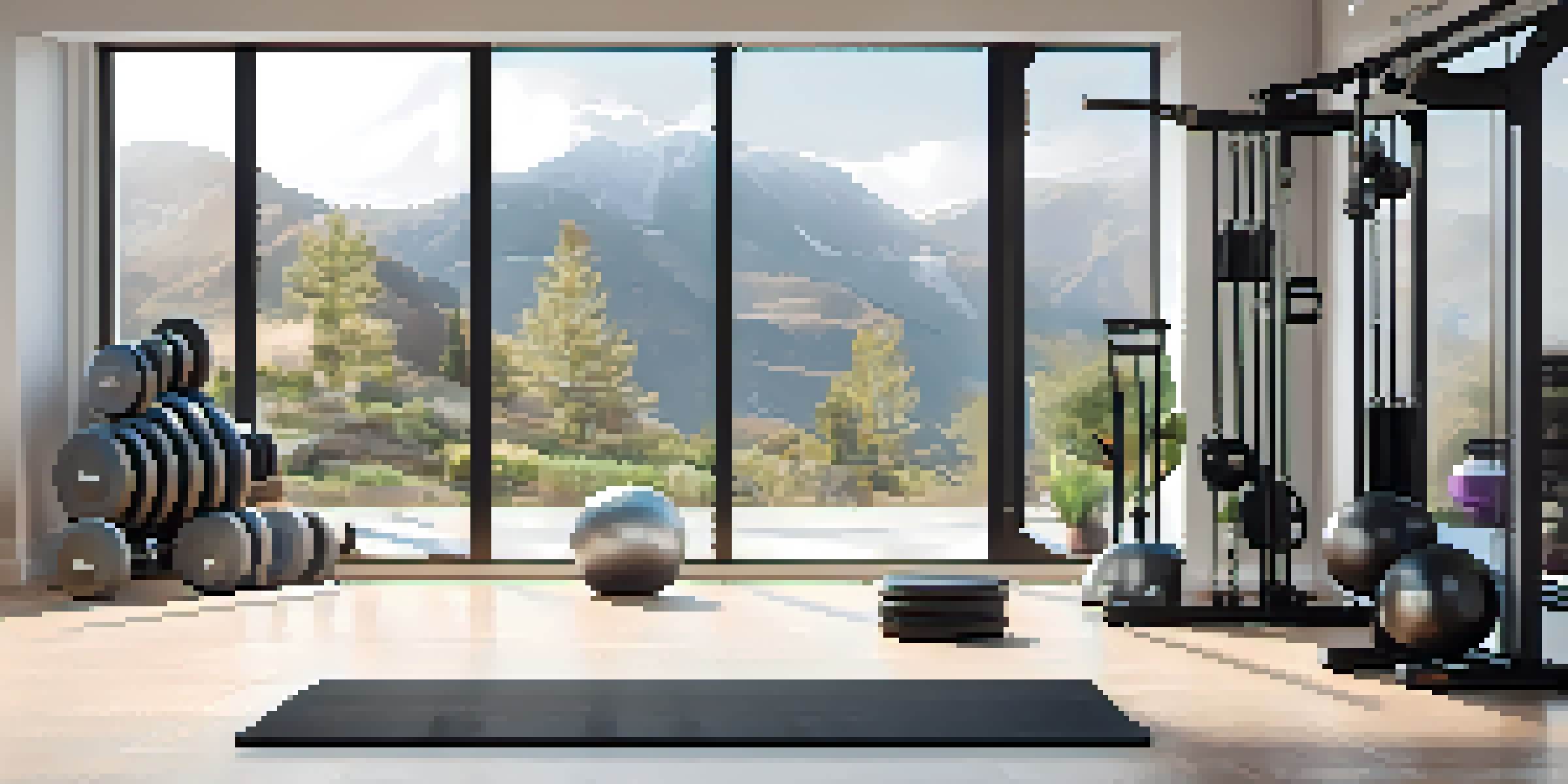A modern home gym with smart weight plates, showcasing a sleek design in a bright and airy room.
