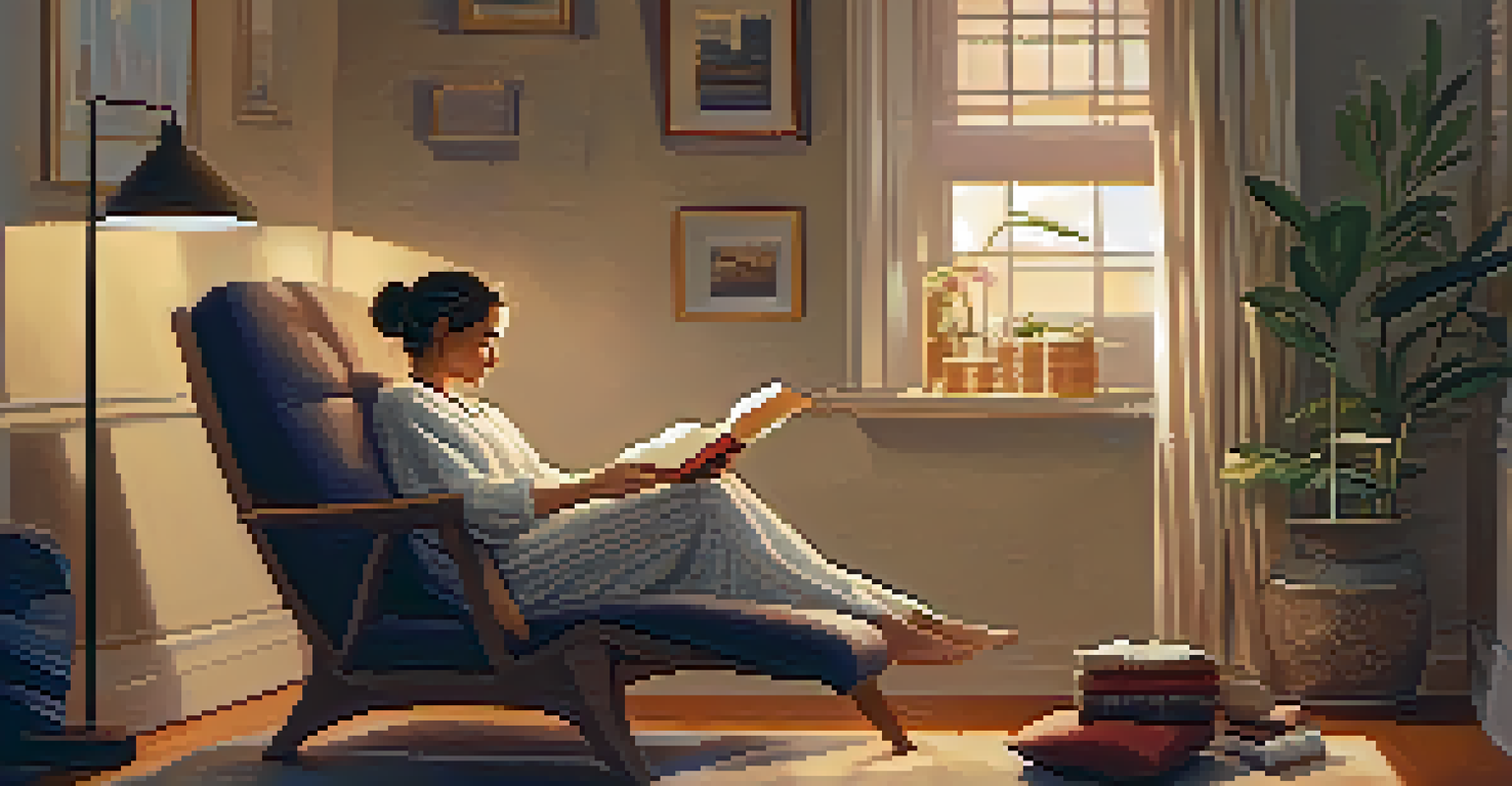 A person reading a book in a cozy chair, preparing for bedtime in a calming environment.
