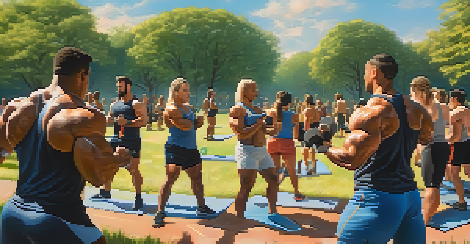A diverse group of bodybuilders training outdoors with fitness trackers in a scenic park.