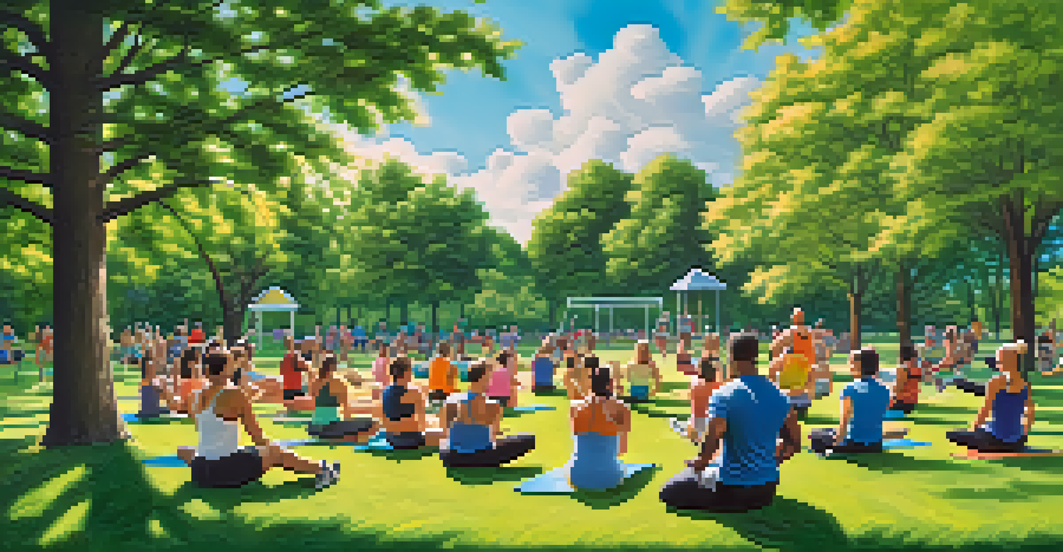 A group of friends enjoying a bodybuilding class in a park, surrounded by greenery and blue skies.
