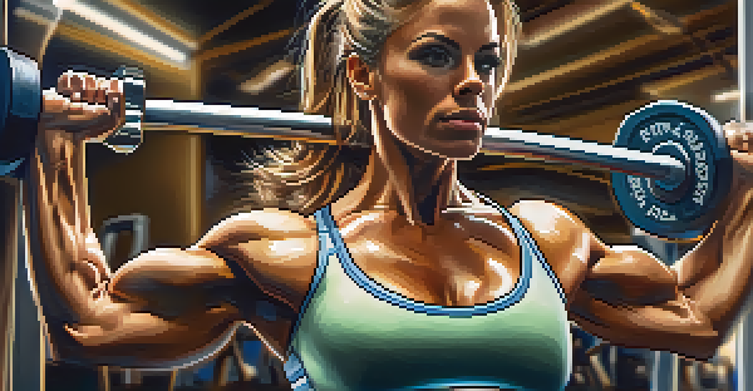 A female bodybuilder lifting weights in a gym, showcasing her strong physique and focused expression.