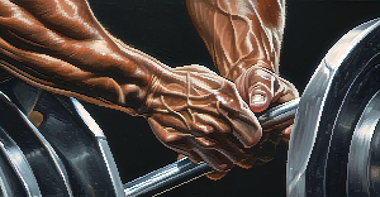 Close-up of a bodybuilder's hands gripping a barbell, highlighting the textures and focus on strength.