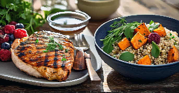 A healthy meal with grilled chicken, quinoa, sweet potatoes, mixed berries, and a glass of water on a wooden table.