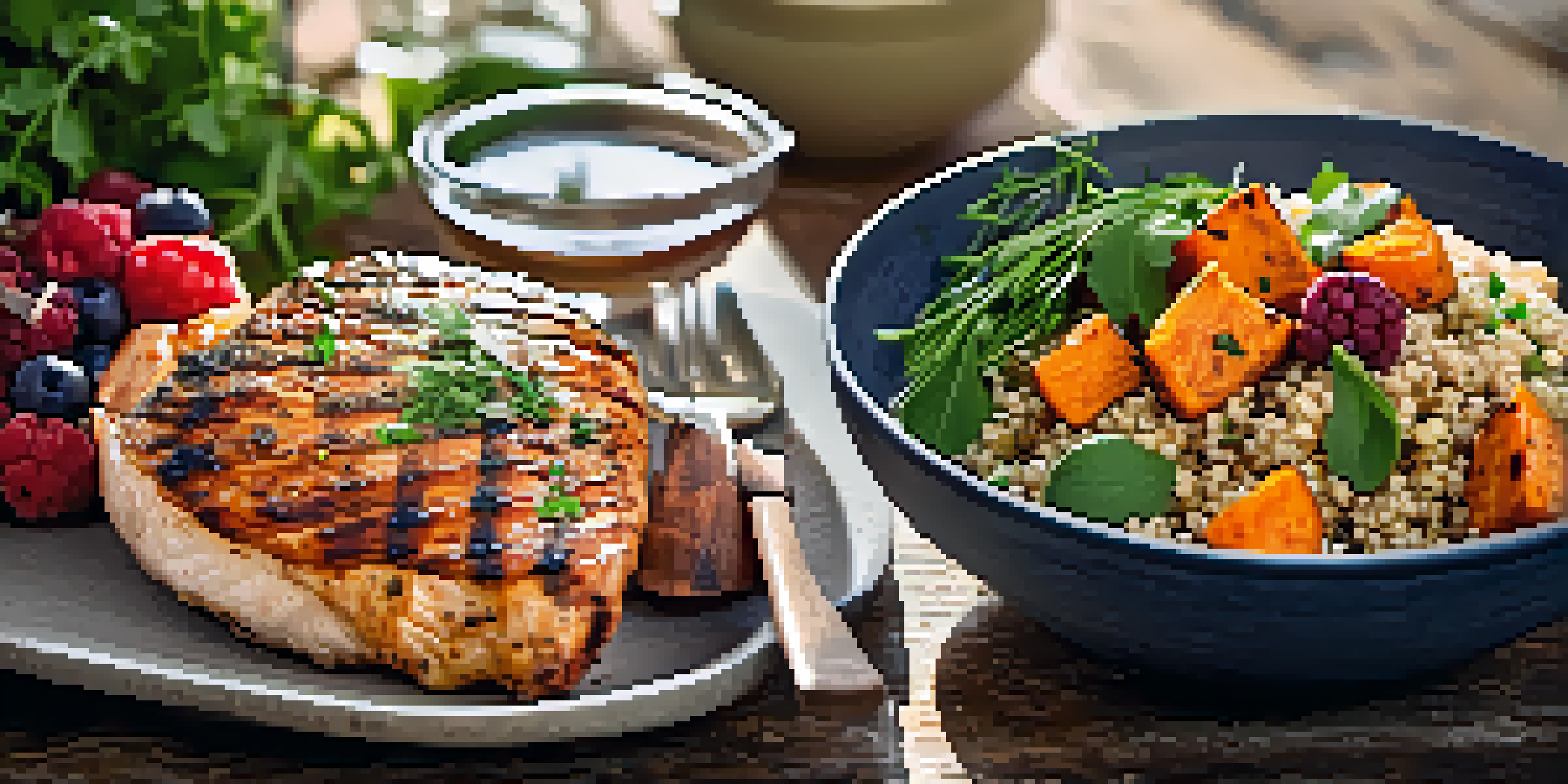 A healthy meal with grilled chicken, quinoa, sweet potatoes, mixed berries, and a glass of water on a wooden table.