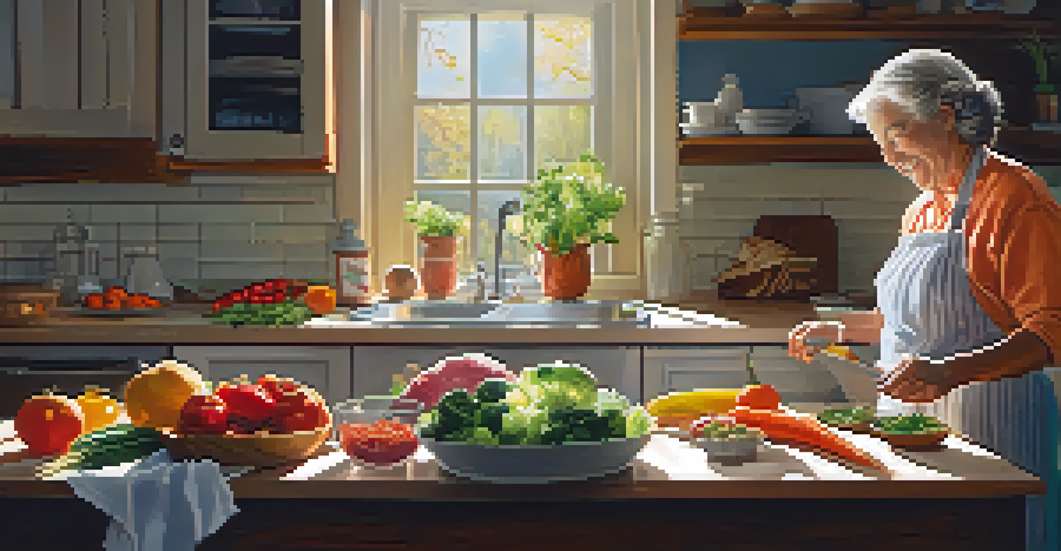A senior happily preparing a nutritious meal in a cozy kitchen, with fresh vegetables and fruits on the counter, illuminated by sunlight.
