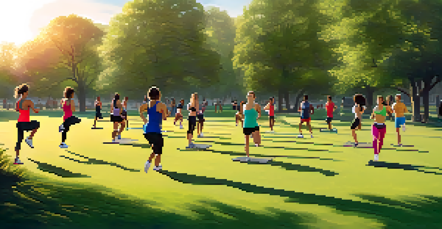 A group of people doing high-intensity interval training in a park during sunset.