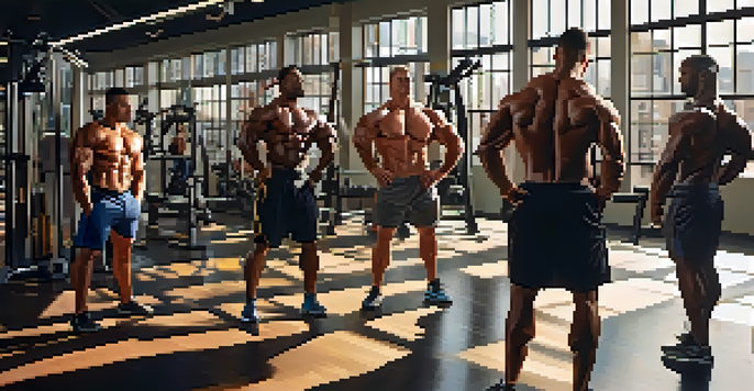 A group of diverse bodybuilders exercising in a gym, highlighting their dedication and camaraderie.