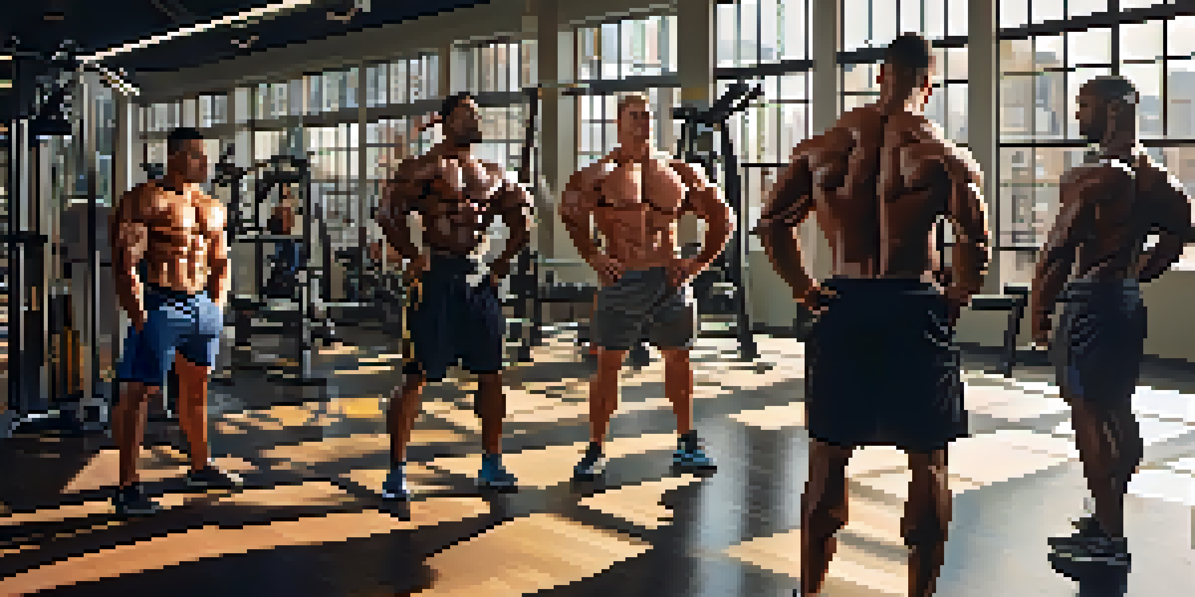 A group of diverse bodybuilders exercising in a gym, highlighting their dedication and camaraderie.