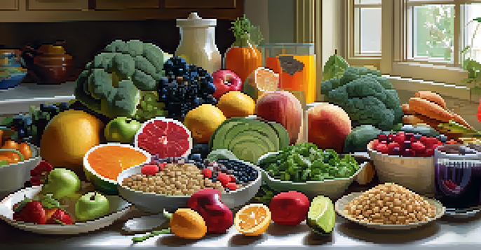 A colorful plate filled with fresh fruits, vegetables, whole grains, and lean proteins, arranged in an appealing way in a bright kitchen.