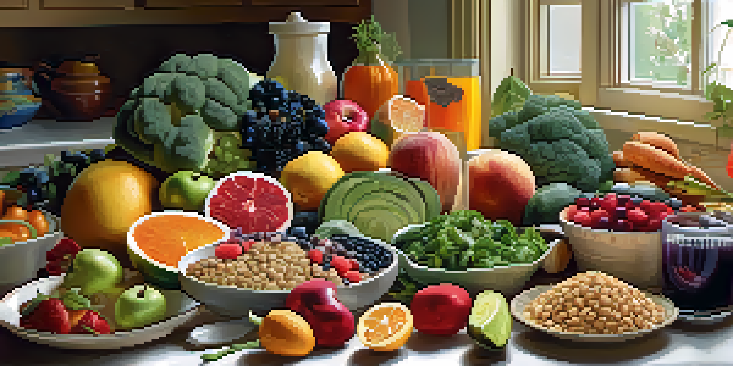 A colorful plate filled with fresh fruits, vegetables, whole grains, and lean proteins, arranged in an appealing way in a bright kitchen.