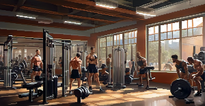 A bodybuilder lifting weights in a well-lit gym, with motivational quotes on the walls and other gym-goers in the background.