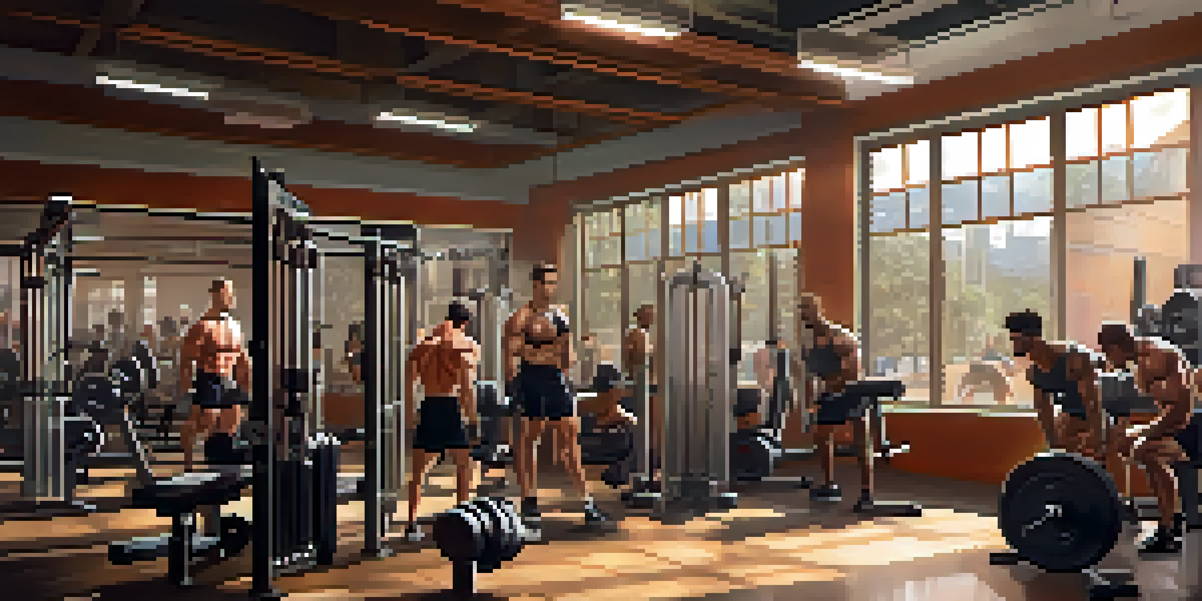 A bodybuilder lifting weights in a well-lit gym, with motivational quotes on the walls and other gym-goers in the background.